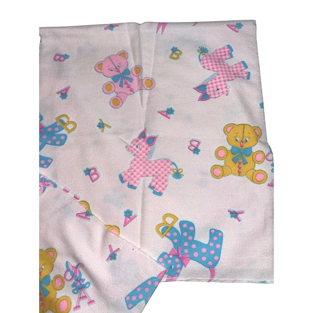 Vintage Nursery Flannel Fabric Remnants Teddy Bear Rocking Horse Pastel 2pc